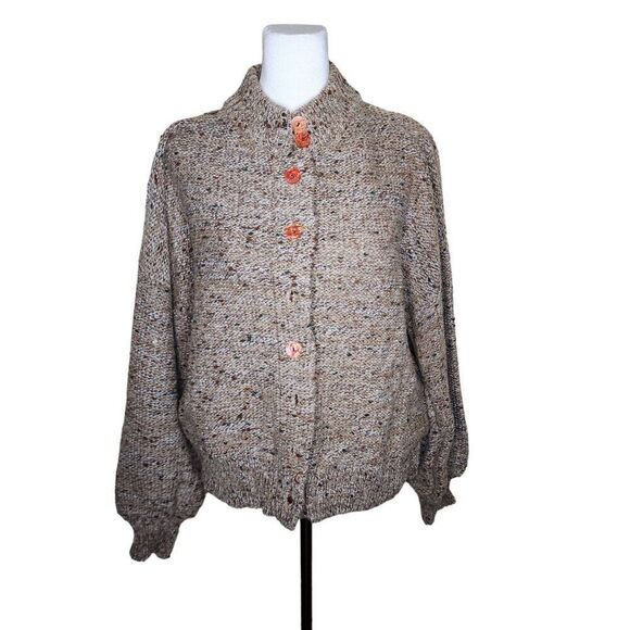 Vintage 80s High Neck Button Up Chunky Knit Sweater Womens Size XL Brown - Picture 2 of 8
